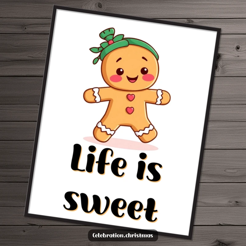 Funny festive poster featuring a gingerbread person character doing a merry jig, bringing holiday cheer to any wall.