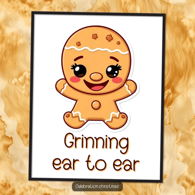 Funny poster of a gingerbread man character with a wide, happy cookie grin, spreading holiday cheer and warmth.