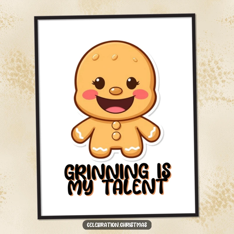 Funny Gingerbread Man Poster showcasing a wide, iconic cookie grin, bringing joyful and whimsical vibes to any decor.