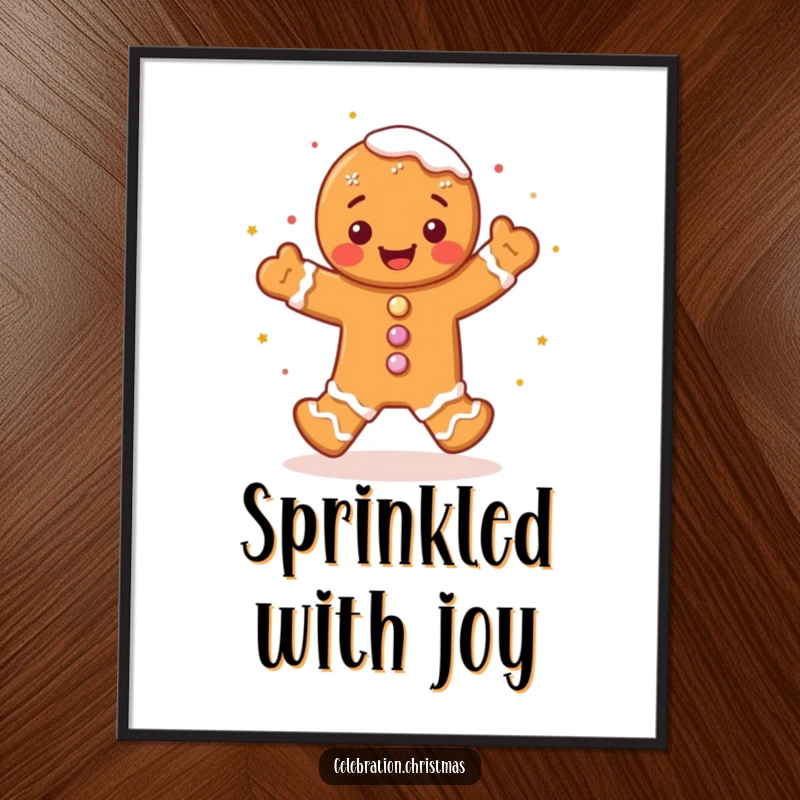 Funny gingerbread man poster illustrating a cute character's joyful jig with frosting sprinkles, a vibrant and humorous holiday decoration.