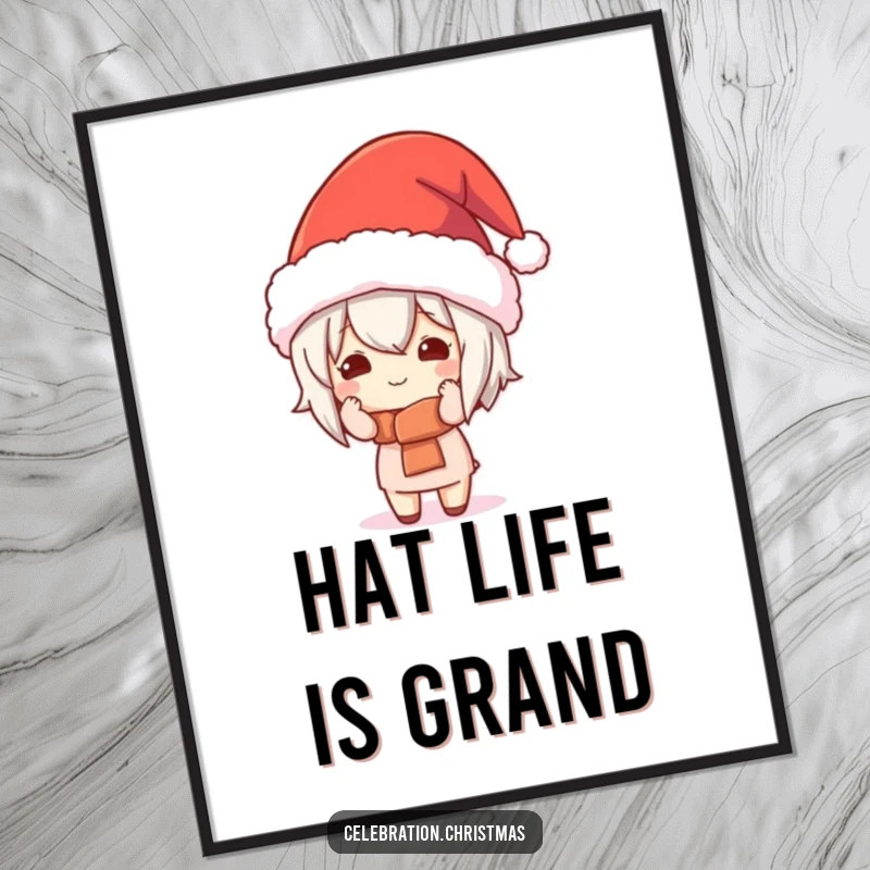 Funny Kawaii Character Poster: A cute character comically wrestling with a huge festive hat, adding humor to holiday decor.