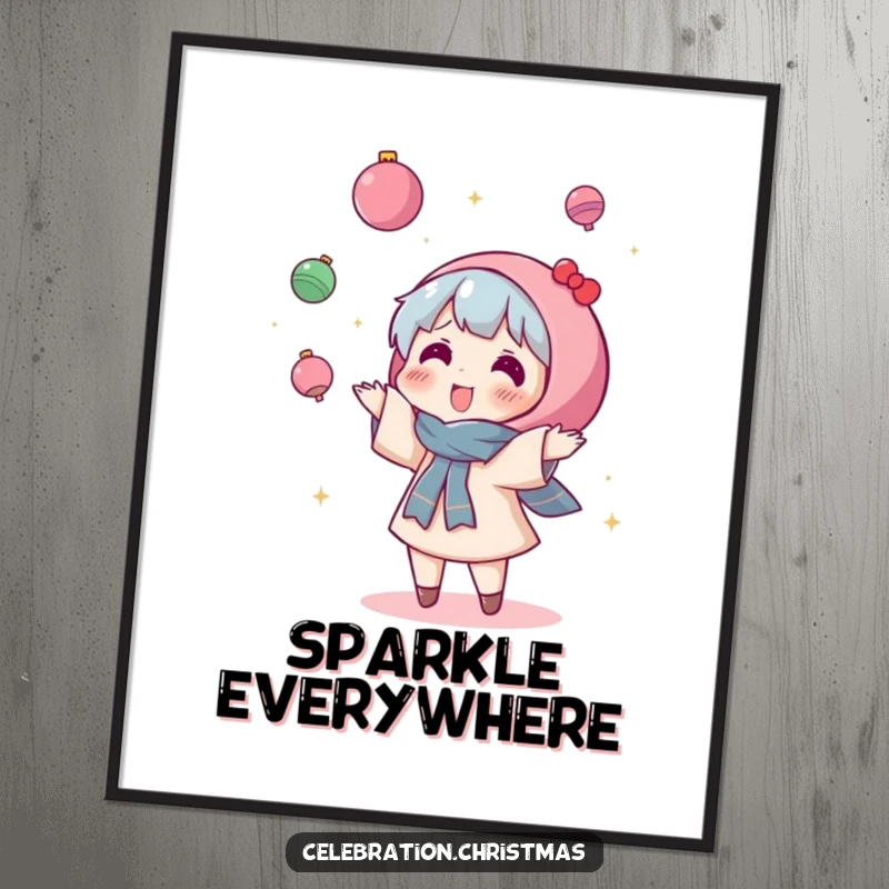 Funny Kawaii Character Poster: A cute character gleefully throws shiny ornaments in the air, capturing uninhibited holiday celebration fun.