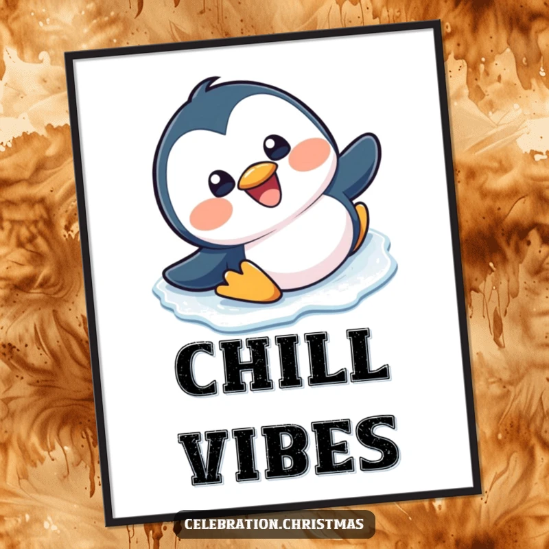 Funny, happy kawaii penguin slipping and sliding on ice with a big grin on a vibrant poster.