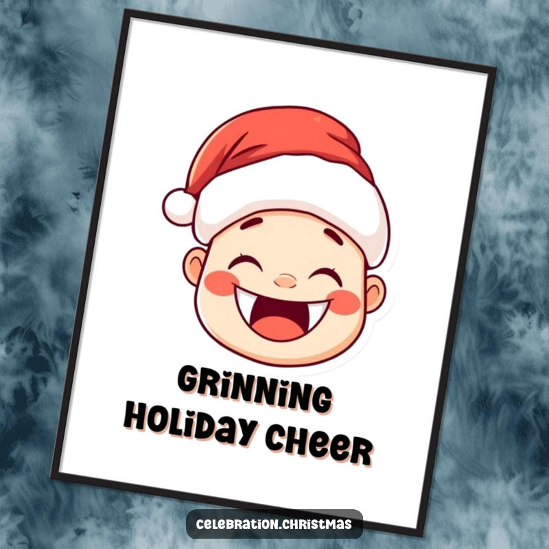 Funny Kawaii Santa Hat Poster: A cute Santa hat character with a huge, joyful grin and rosy cheeks.