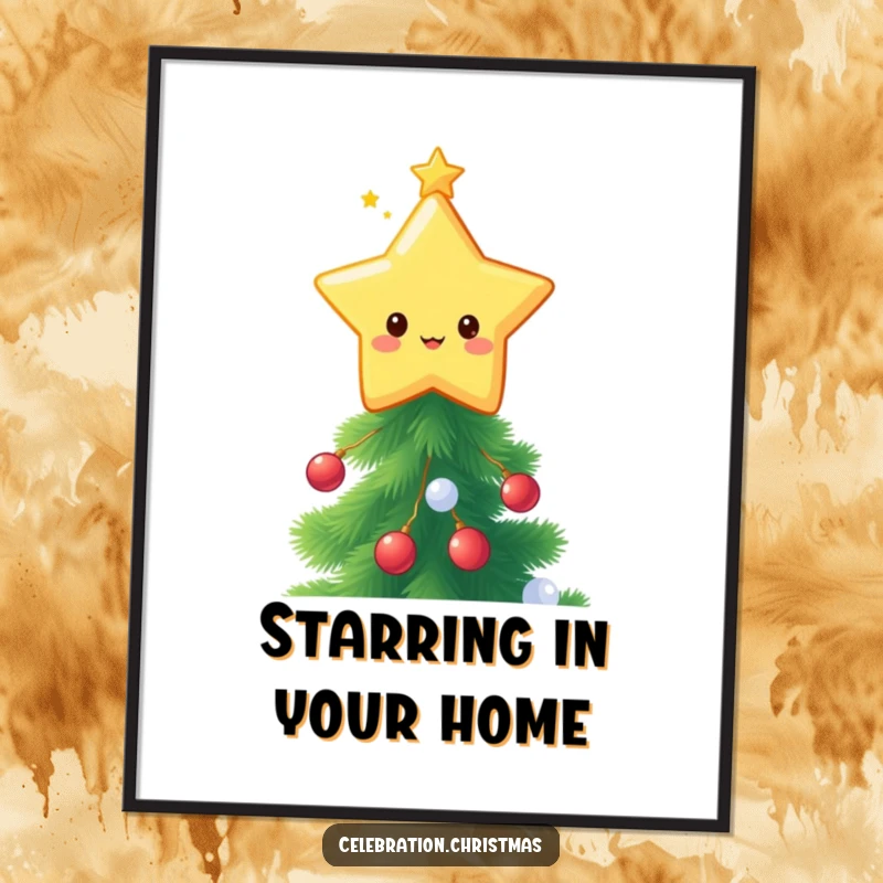 Funny kawaii star topper poster, a cute star character sparkling at the peak of a decorated festive Christmas tree.