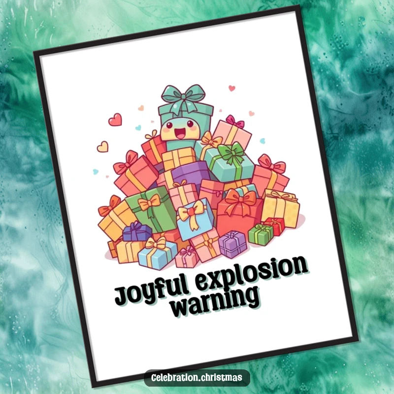 Funny Poster: Pile of gifts comically bouncing around with pure excitement, bringing a lively and cheerful artistic touch indoors.