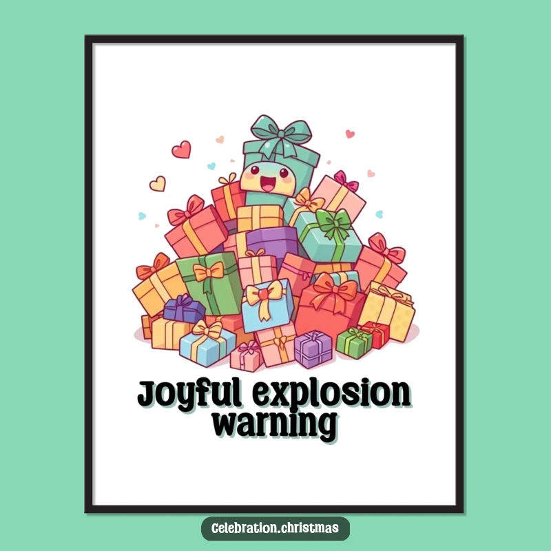 Funny Poster: Excited Present Pile Wall Art, Comical Gift for Festive Decor