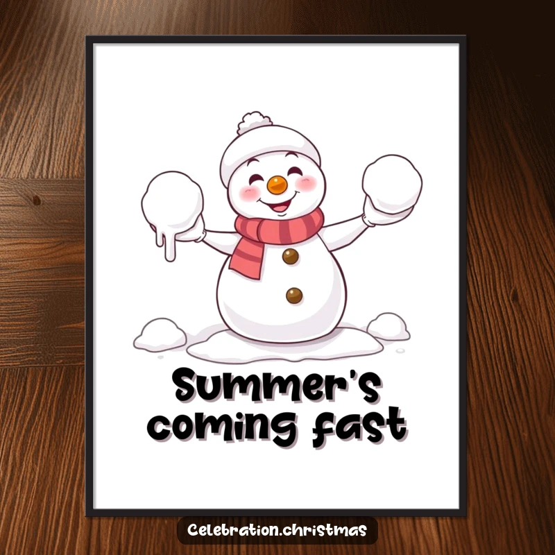 Funny Poster: A mischievous snowman comically juggling dripping snowballs, a humorous illustration capturing a fleeting winter moment.