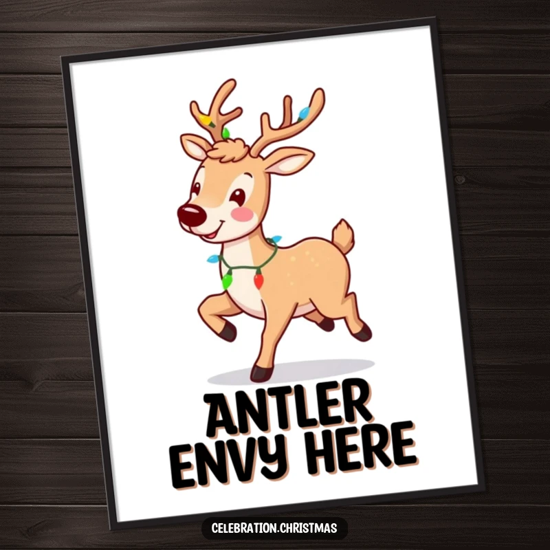 Funny reindeer poster with a smiling character joyfully prancing with a light garland, bringing festive holiday humor.