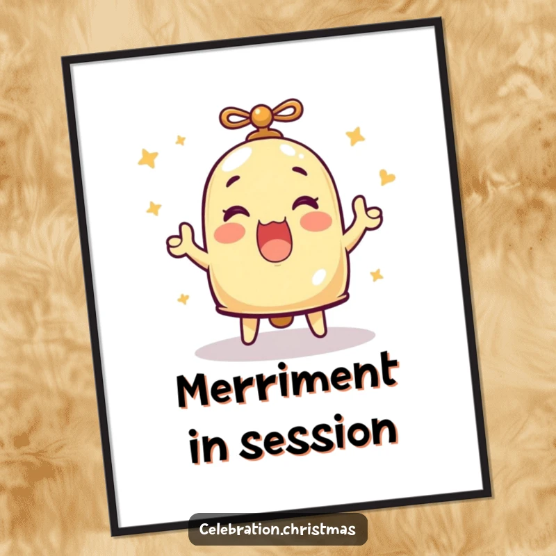 Funny poster print of a bell character energetically ringing, conveying enthusiastic merriment and auditory joy, funny gift.