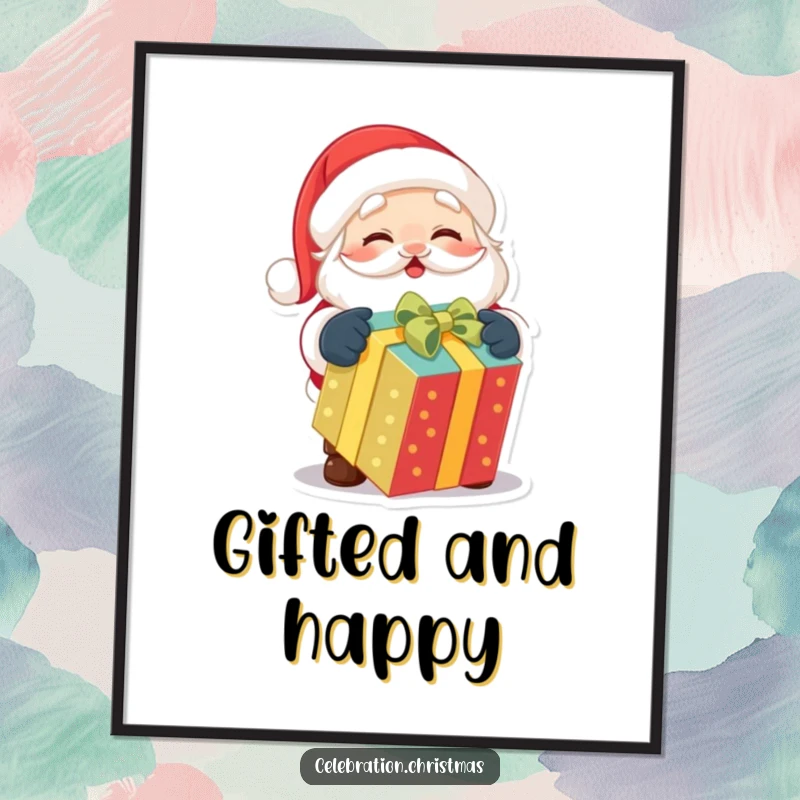 Funny poster of a cute Santa Claus character delightedly unwrapping a brightly colored present with immense joy.
