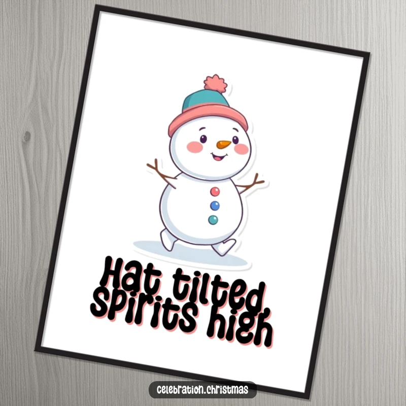 Funny poster of a snowman character with a tilted hat, waddling happily with pure winter delight, embodying the season.