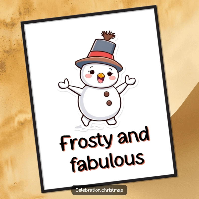 Funny Snowman Poster featuring a tilted hat and a joyous waddle, perfect for adding a touch of winter humor.