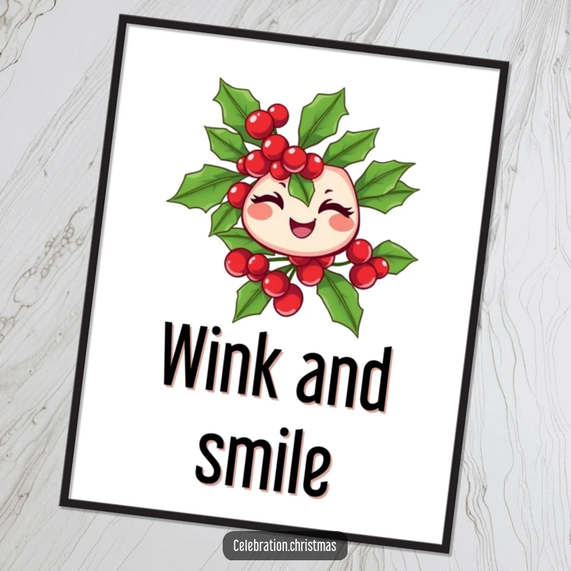 Funny winking holly branch poster with cheerful berries, perfect for holiday decor and a great funny gift.