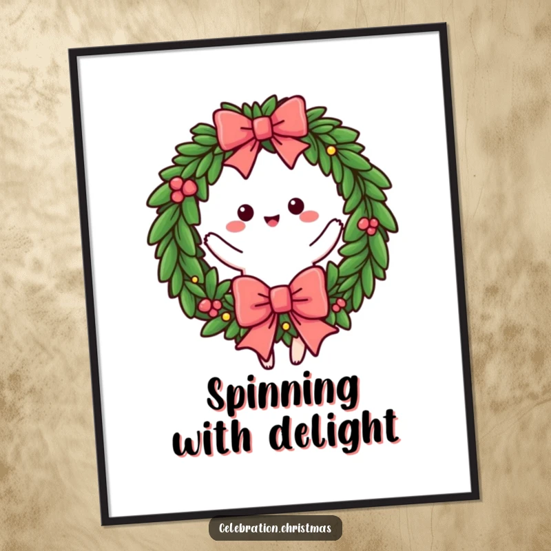 Funny poster print of a festive wreath character in a lively twirl, complete with a large cheerful bow, holiday decor, funny gift.