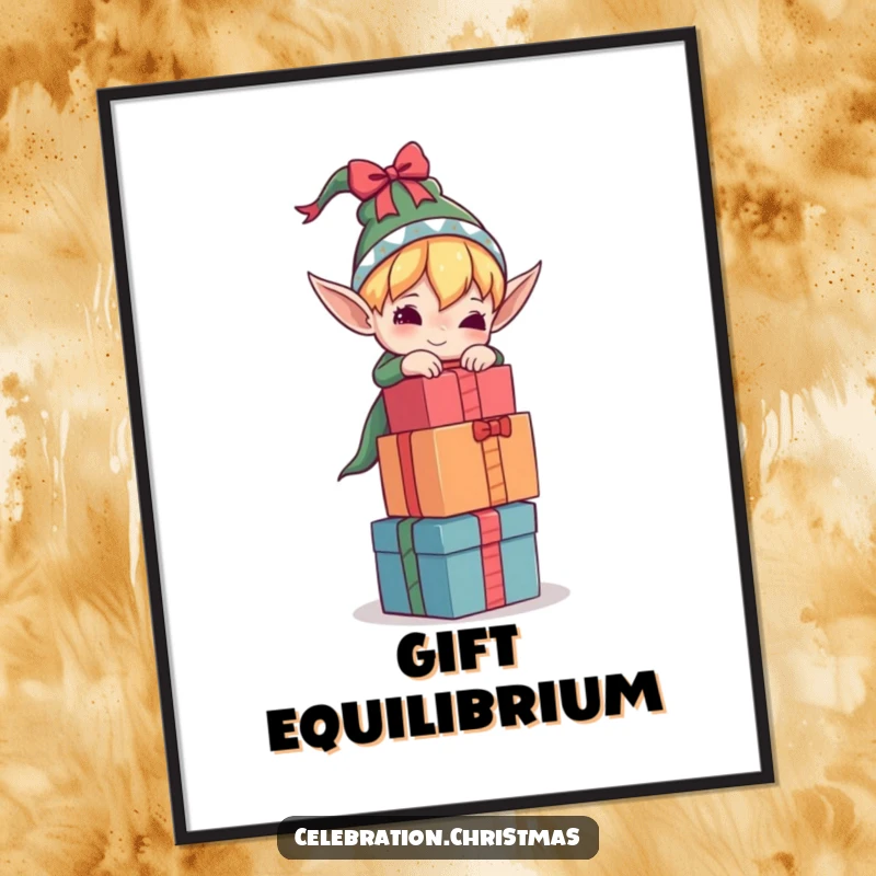 Funny elf poster showing a character attempting to balance a tall stack of gifts, a humorous and festive wall art piece.