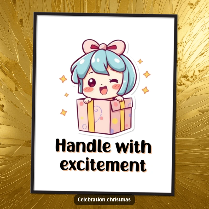 Funny poster art of a present character bursting open with an excited wiggle, radiating joy and anticipation.