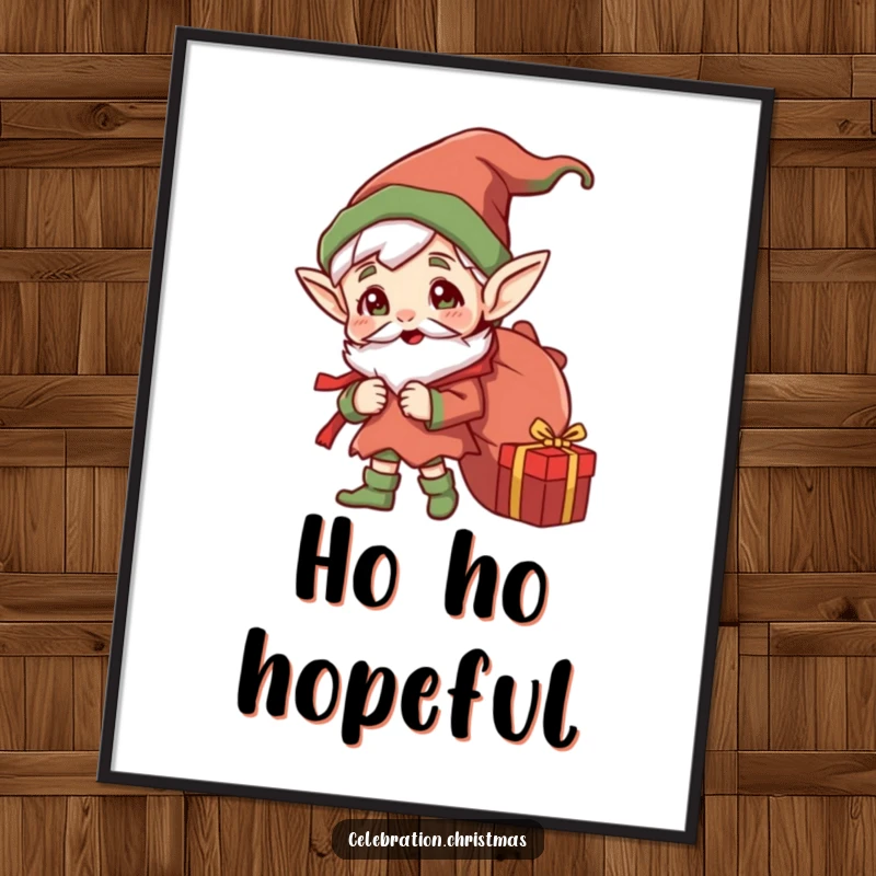Funny Jolly Elf Poster: Vibrant wall art of a cheerful elf with pointed ears and a sack full of gifts, spreading humorous holiday spirit.