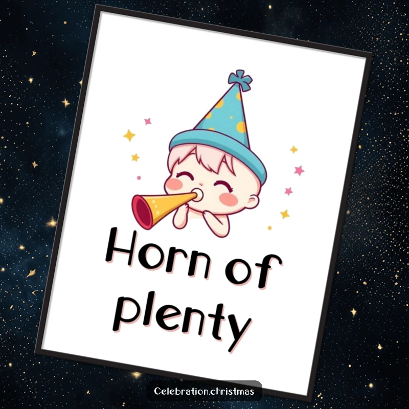 Funny party horn poster depicting a character wearing a festive hat and blowing a horn, adding instant celebration and visual fun.