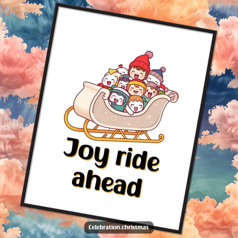 Funny art print poster of a sleigh overloaded with joyfully laughing characters, perfect for bringing festive cheer and holiday spirit to any wall.