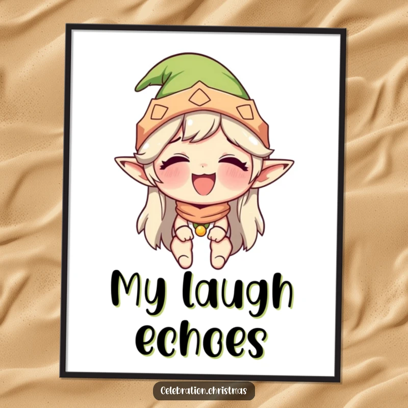 Funny poster showcasing a character in an elf hat, overcome with uncontrollable giggles, creating a lively and humorous festive atmosphere.