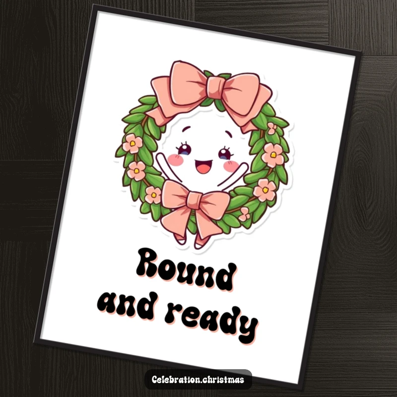 Funny Wreath Poster featuring a cheerful bow and a joyful twirl, perfect for adding festive humor to decor.