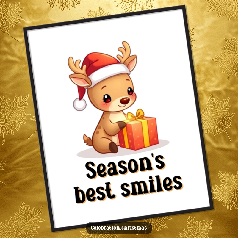Funny poster featuring a cute deer in a Santa hat, joyfully unwrapping a radiant, glowing gift, perfect for holiday wall decor.