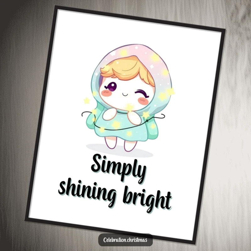 Funny Kawaii Character Poster: A cute character joyfully embraces twinkling fairy lights, creating a heartwarming and humorous display.