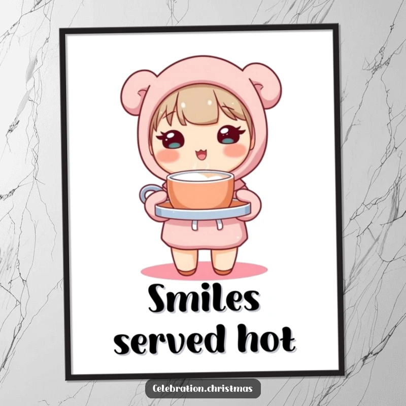 Funny poster art of a cute kawaii character holding a tray of steaming hot cocoa, bringing sweet humor and charm to any room.