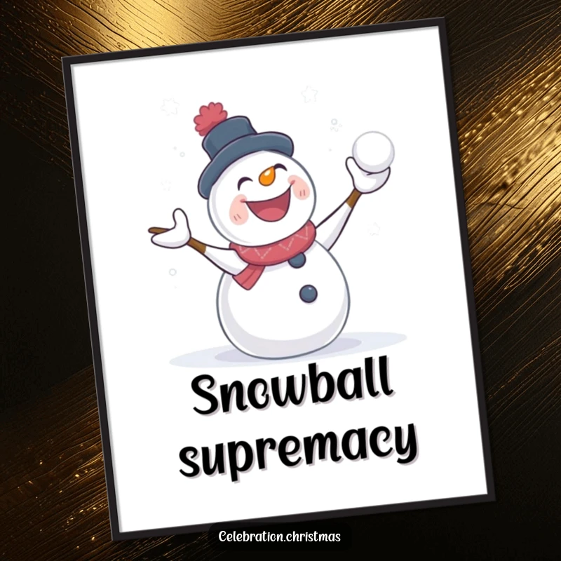 Funny snowman poster showing a character in a happy snowball fight, a humorous and festive wall art piece.