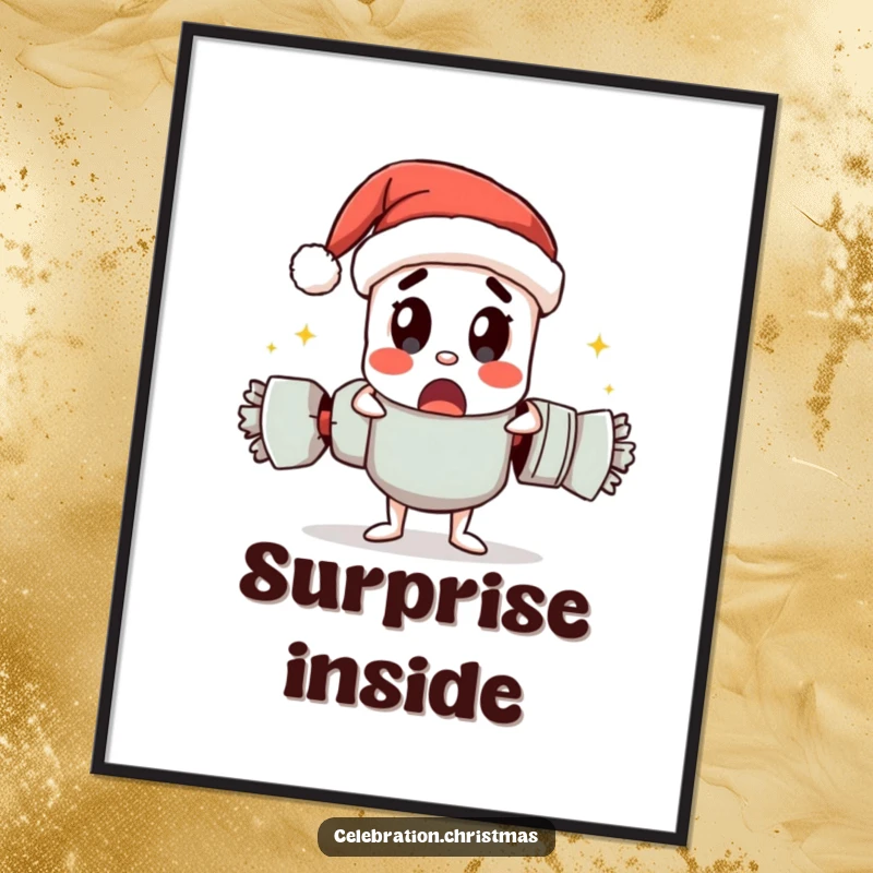 Funny poster art of a Christmas cracker character pulling itself apart with a surprised expression, adding festive humor.