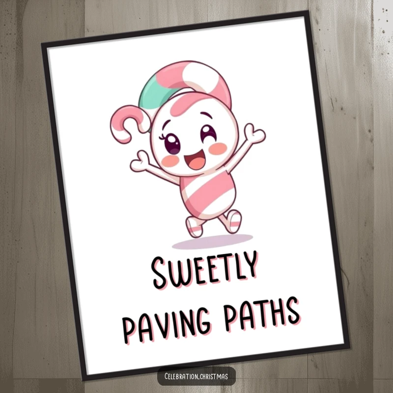 Funny Candy Cane Poster: A sweet candy cane character excitedly leading the way, perfect for festive wall art.