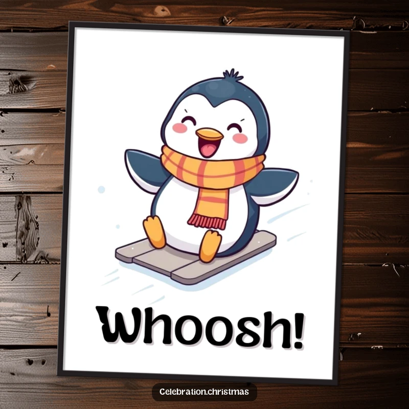 Funny Kawaii penguin poster of a cute penguin in a scarf sliding down a snowy hill with a whoop, winter decor.