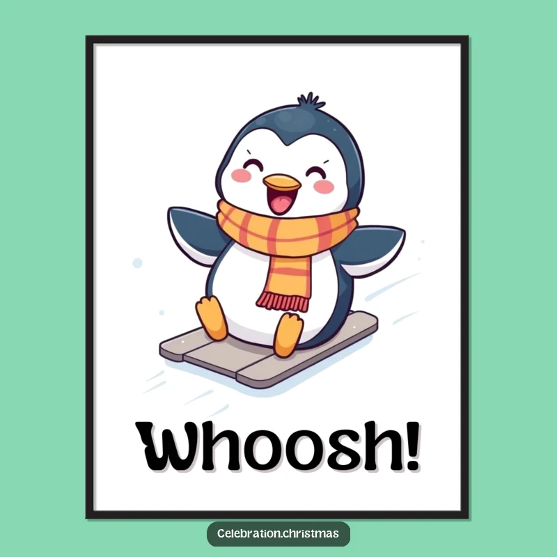 Funny Kawaii Penguin Sliding Poster, Winter Wonder Art, Humorous Gift