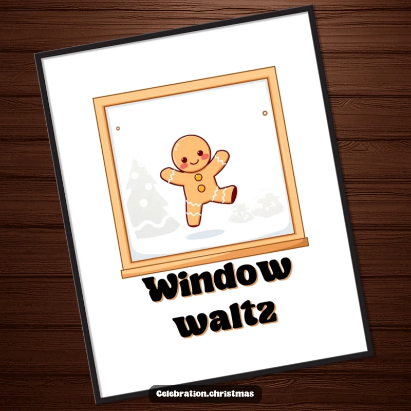 Funny, joyful kawaii gingerbread person playfully dancing on a frosted window pane on a vibrant poster.