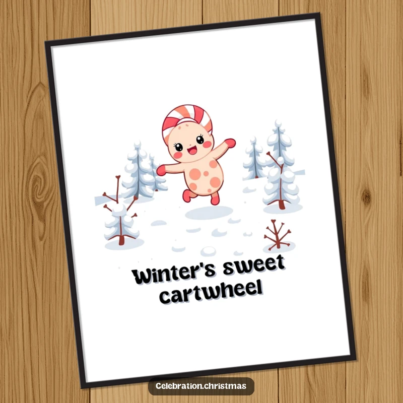Funny kawaii candy cane poster depicting a character cartwheeling through a snowy landscape, perfect for festive wall art.