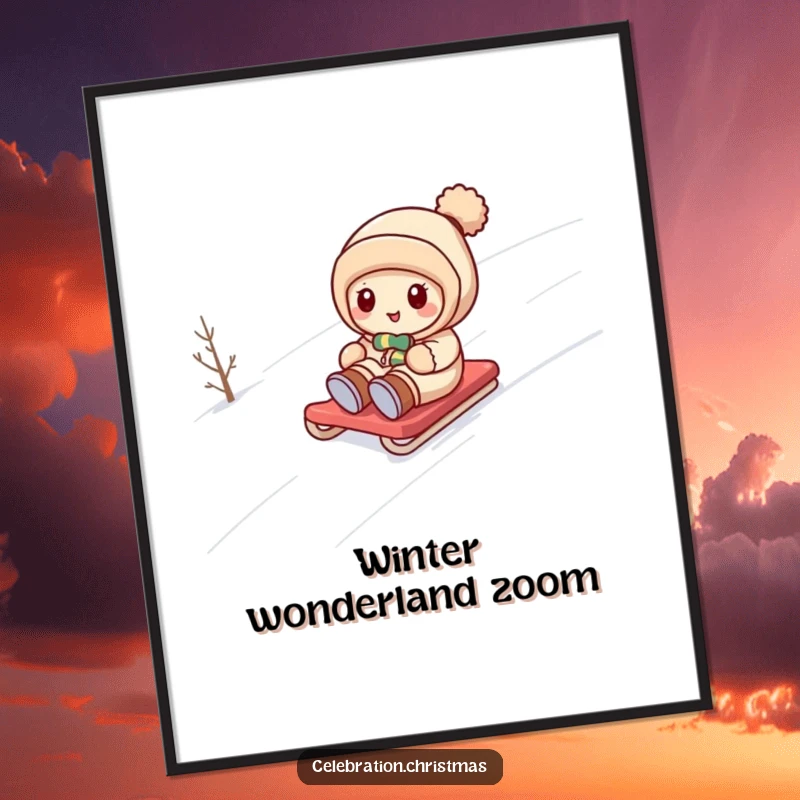 Funny kawaii character gleefully sledding down a snow-covered hill on a bright winter day, depicted in a poster.