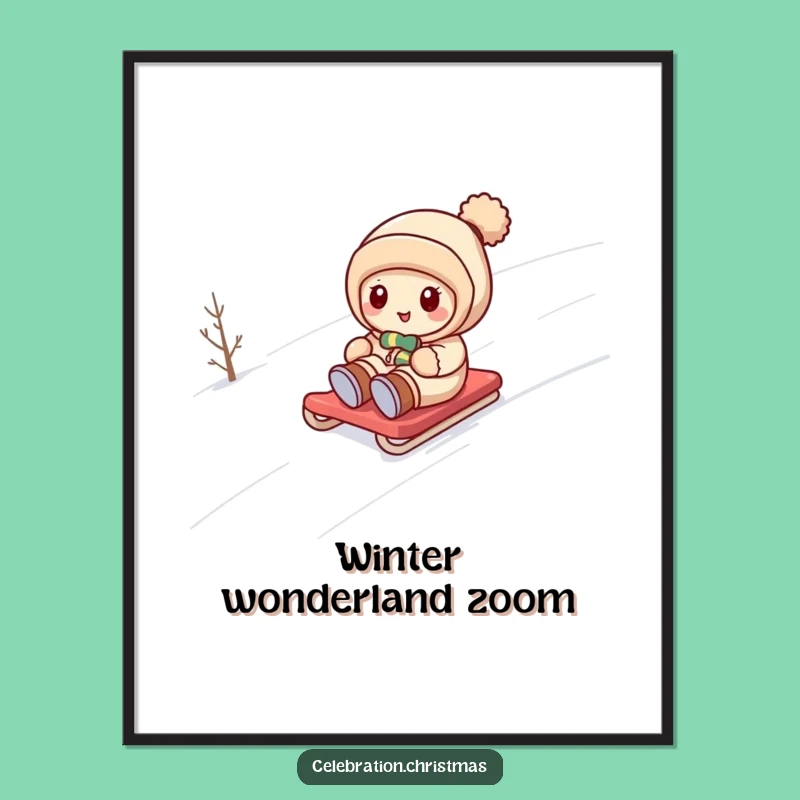 Funny Kawaii Snow Sledding Poster: Joyful Winter Wall Art & Decor