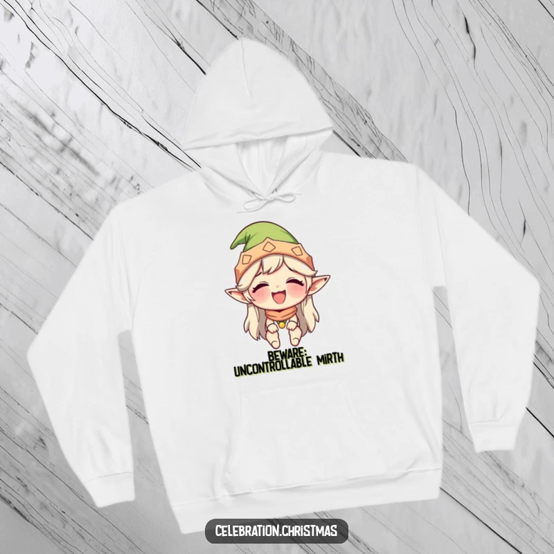 Funny hoodie with a character in an elf hat, caught in a fit of uncontrollable giggles, radiating pure, infectious holiday happiness.