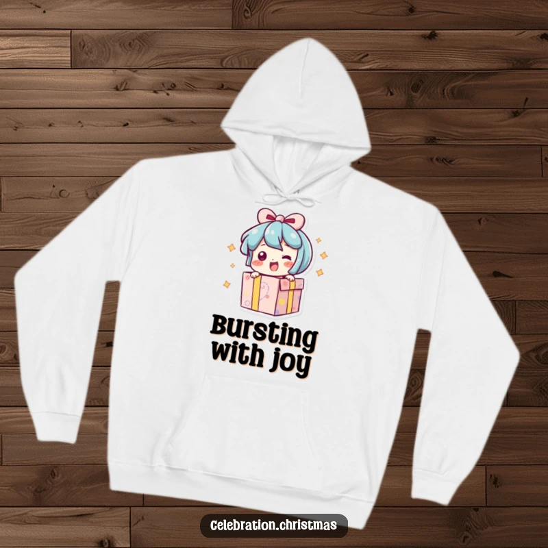 Funny hoodie featuring a present character excitedly bursting open with a wiggle, symbolizing joy and surprise.