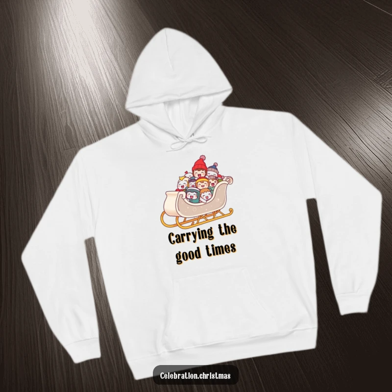 Funny hooded sweatshirt featuring a sleigh piled high with laughing characters, designed for cozy holiday fun and festive cheer.
