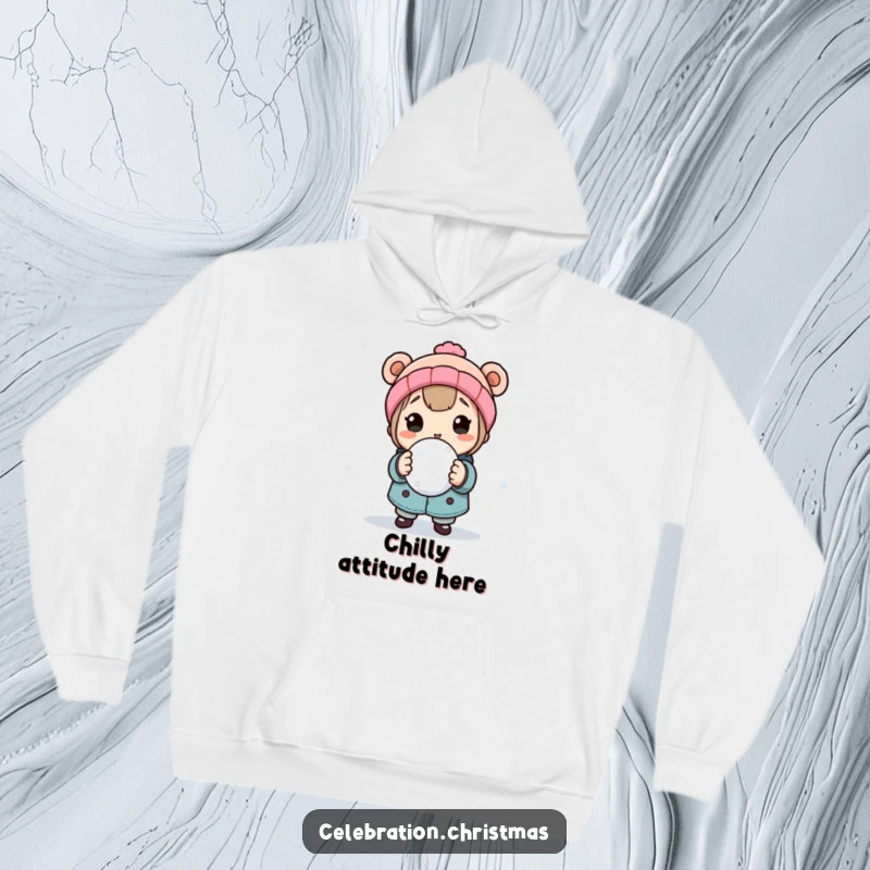 Funny hooded sweatshirt featuring a character holding a snowball, ready for a playful throw, designed for cozy winter fun and warmth.