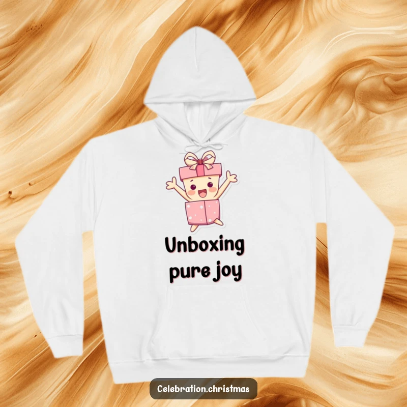 Funny hoodie showing a gift box character mid-jump with excitement, its ribbon comically askew, representing pure joy and anticipation.