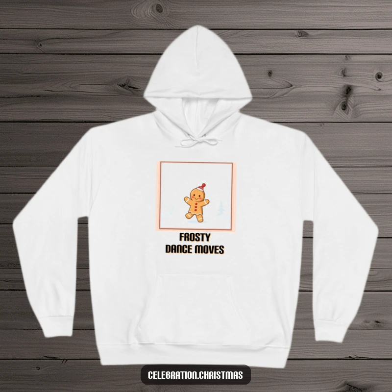 Funny gingerbread cookie hoodie, showing a cookie doing a silly jig on a frosted windowpane, perfect for winter warmth.