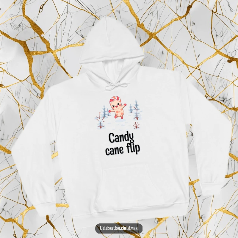 Funny kawaii candy cane hoodie showing a festive character cartwheeling, perfect for staying warm and cheerful during winter.