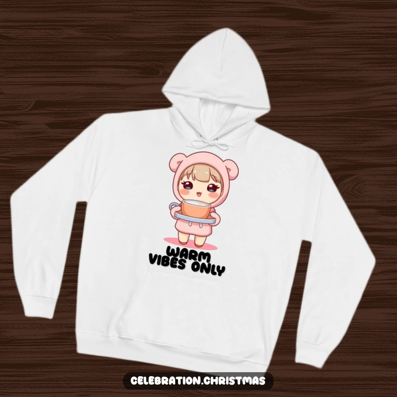 Funny hoodie featuring a cute kawaii character holding a tray of steaming hot cocoa, perfect for staying warm and cozy.