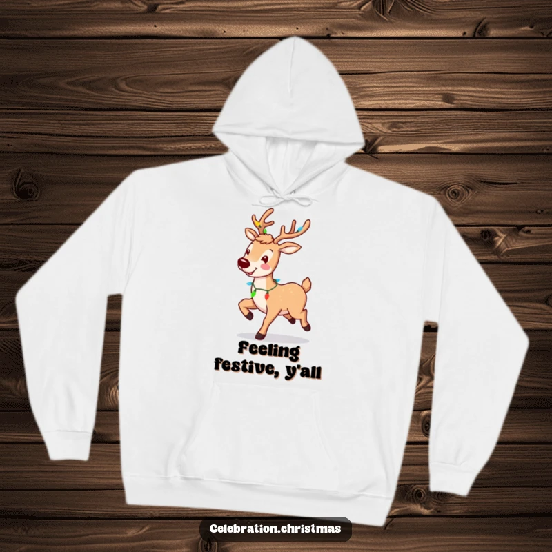 Funny reindeer hoodie with a smiling, prancing character and light garland, perfect for staying warm and festive.