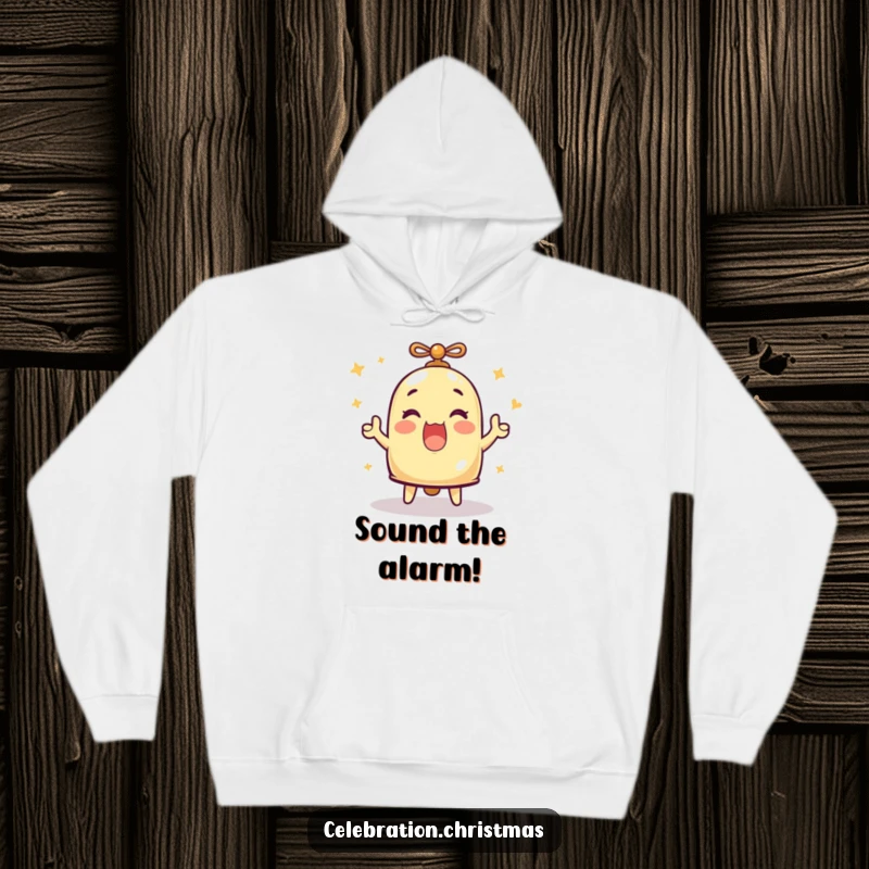 Funny hoodie showcasing a bell character ringing heartily with great merriment, perfect for spreading joy and warmth, funny gift.