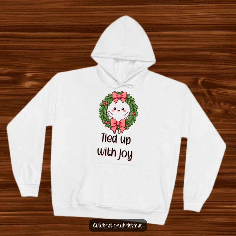 Funny hoodie featuring a festive wreath character happily twirling with a big bow, perfect for cozy celebrations, funny gift.