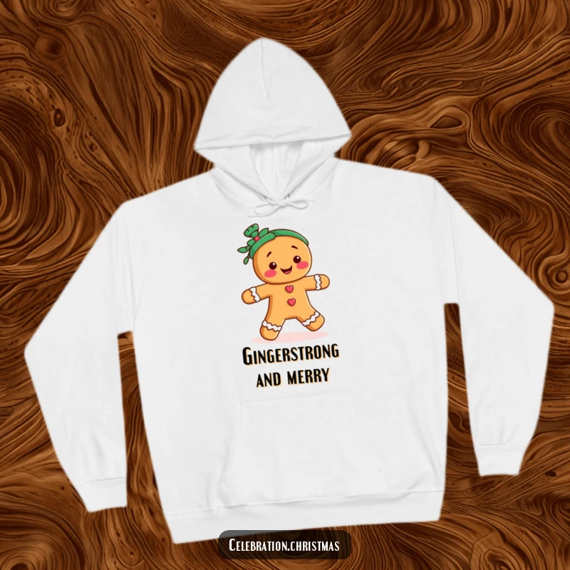 Funny cozy hoodie featuring a gingerbread person character doing a lively merry jig, perfect for winter celebrations.